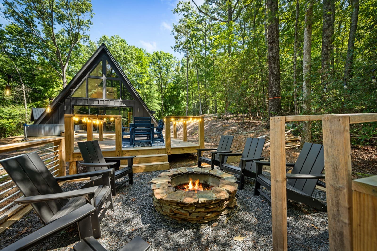 Fire pit lounge and deck in front of the A-frame