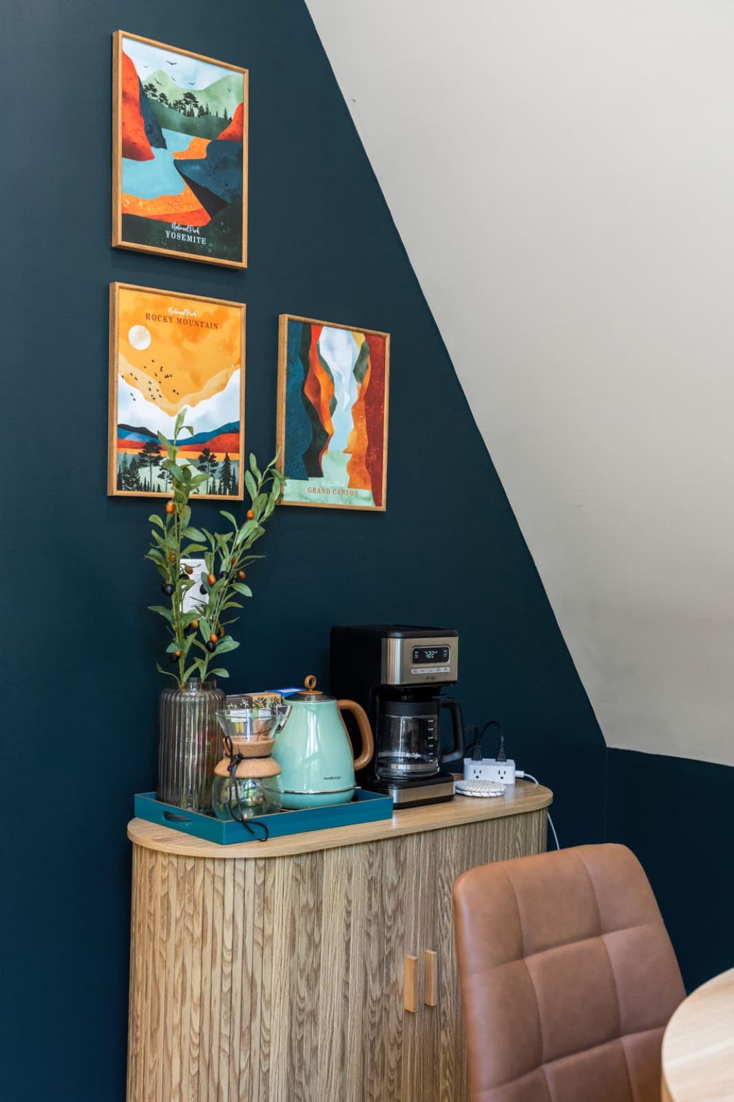 Coffee bar with art and plants